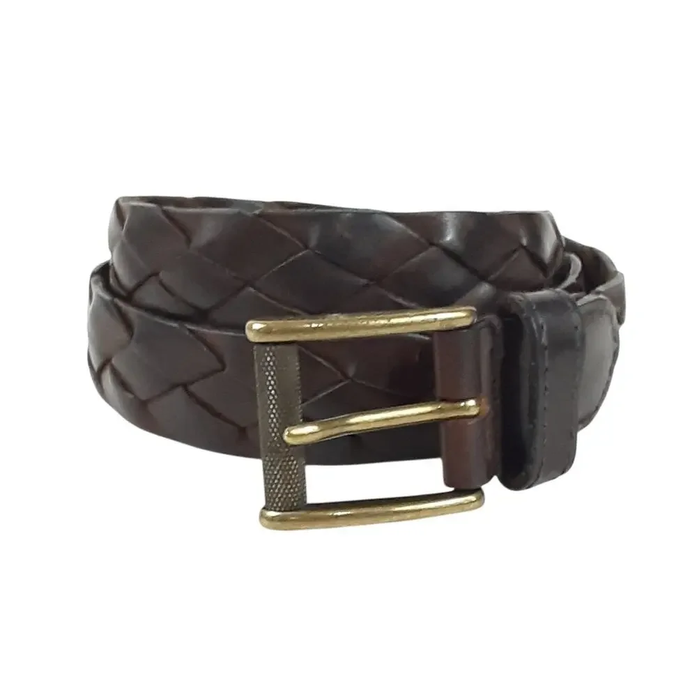 Vintage 90s Braided Leather Belt Brown Brass Buckle Full Grain Mens XL Luxury